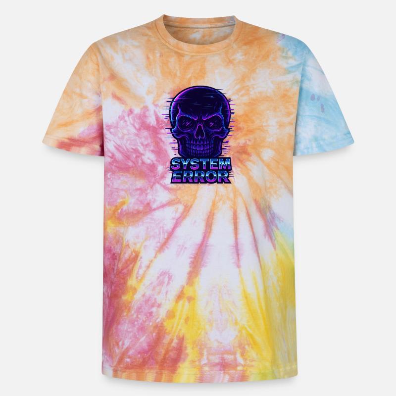 Neon Glitch Schädel mit Systemfehlertext - Unisex Premium Tie Dye T-Shirt - Regenbogen-Spirale