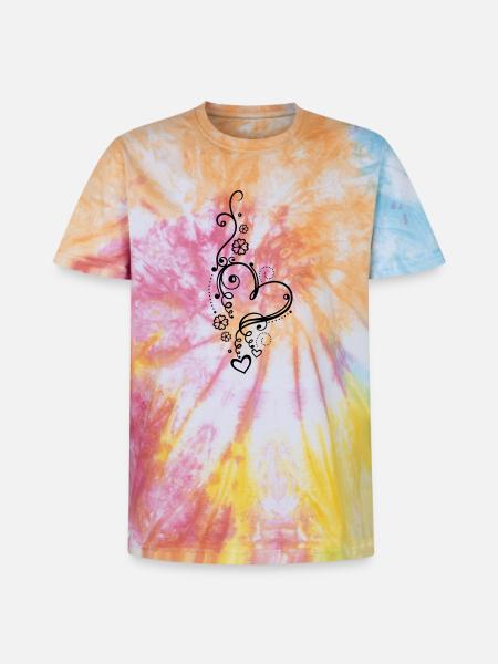 Corazón grande con pequeños corazones y flores - Camiseta tie-dye unisex Premium - espiral arcoíris