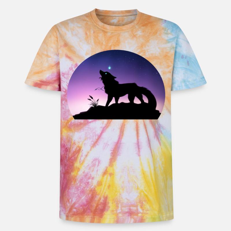 Die Reise eines Sternenwolfs - Silouhette Nocturne - Unisex Premium Tie Dye T-Shirt - Regenbogen-Spirale