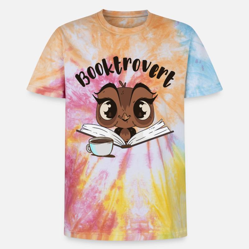 Booktrovert Eule mit Buch und Kaffee - Unisex Premium Tie Dye T-Shirt - Regenbogen-Spirale