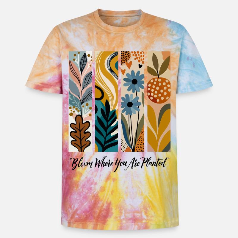 Blühende Botanische Panel-Collage - Unisex Premium Tie Dye T-Shirt - Regenbogen-Spirale