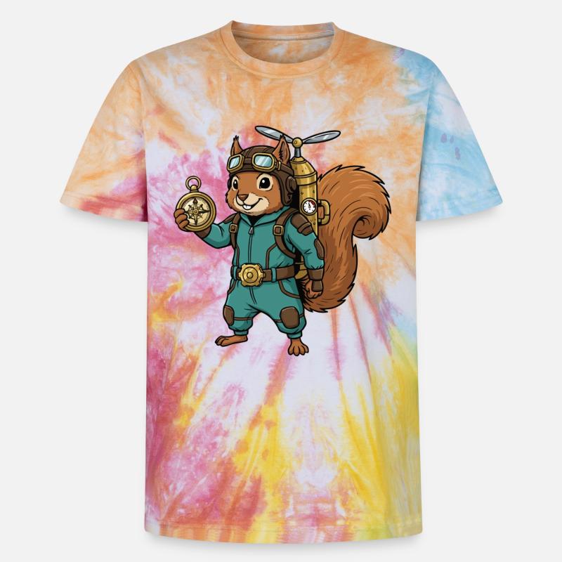 Squirrel Steampunk Aviator Jetpack Compass - Unisex Premium Tie-Dye T-Shirt - Rainbow Spiral