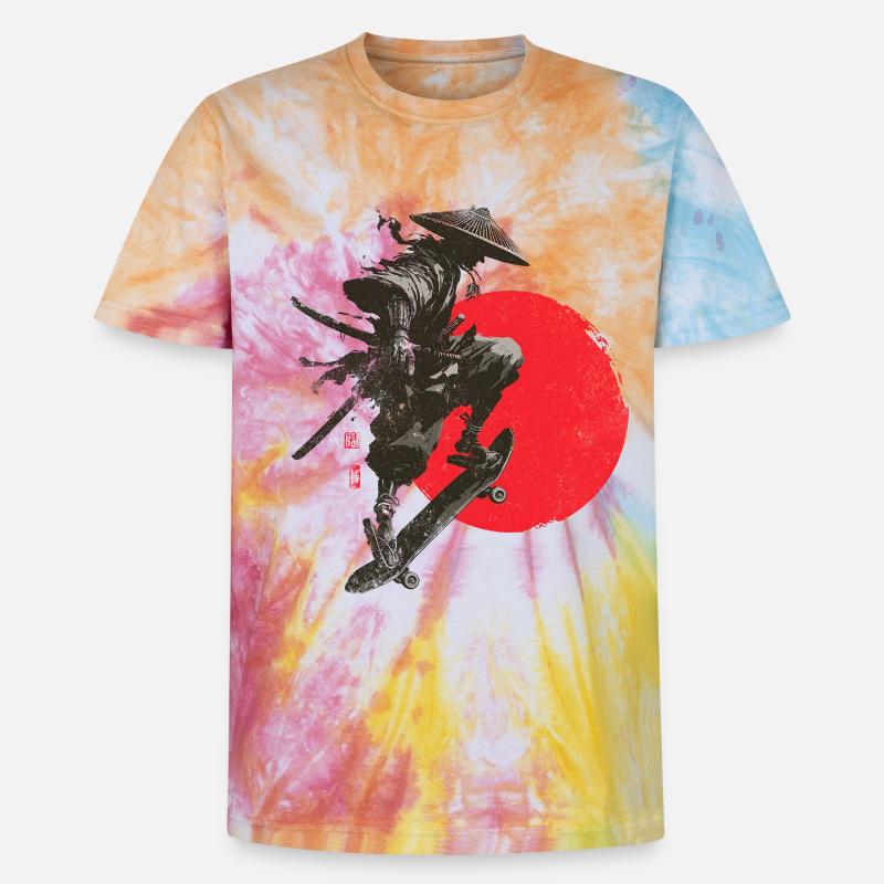 Silhouette eines Samurai-Skaters mit roter Sonne - Unisex Premium Tie Dye T-Shirt - Regenbogen-Spirale