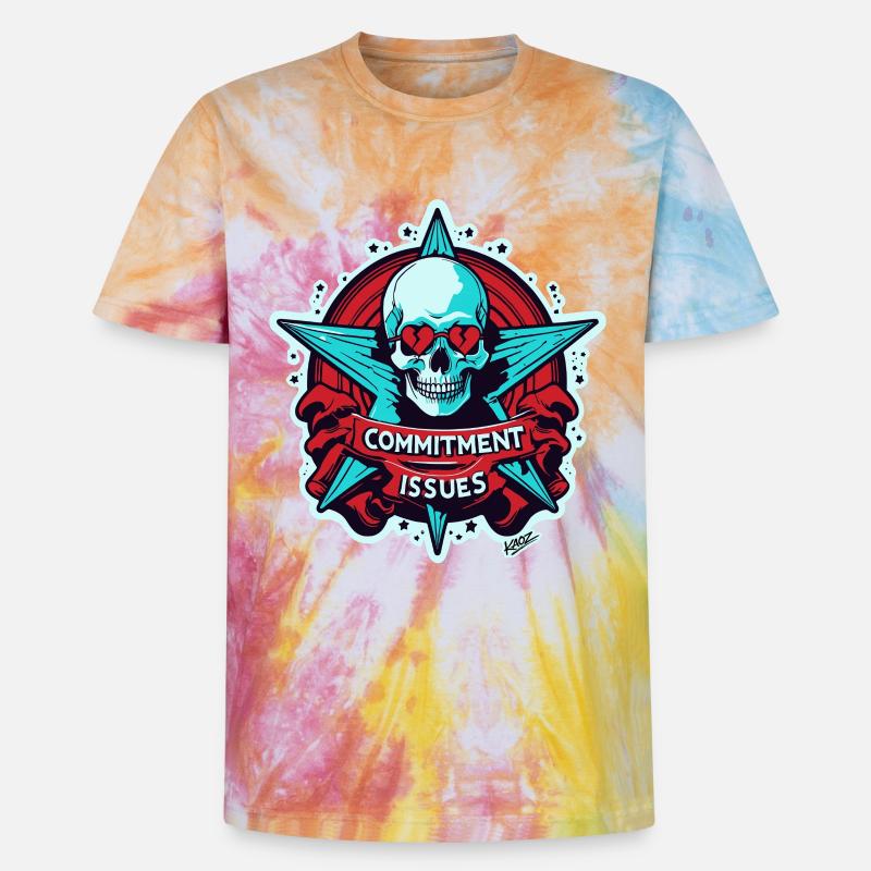 Commitment Issues Skull Badge - Unisex Premium Tie-Dye T-Shirt - Rainbow Spiral