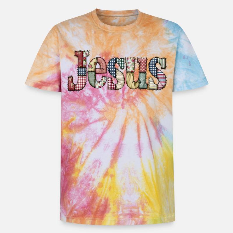 Lettrage Jésus en patchwork - T-shirt tie-dye premium unisexe - arc-en-ciel spirale