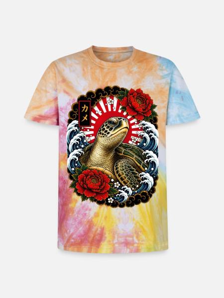 Schildkröte im japanischen Irezumi Stil - Unisex Premium Tie Dye T-Shirt - Regenbogen-Spirale
