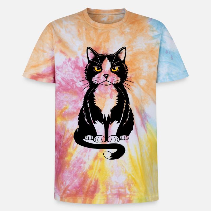 Bild einer sitzenden schwarzen Katze - Unisex Premium Tie Dye T-Shirt - Regenbogen-Spirale