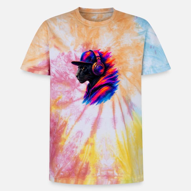Panther mit Kopfhörern - Unisex Premium Tie Dye T-Shirt - Regenbogen-Spirale