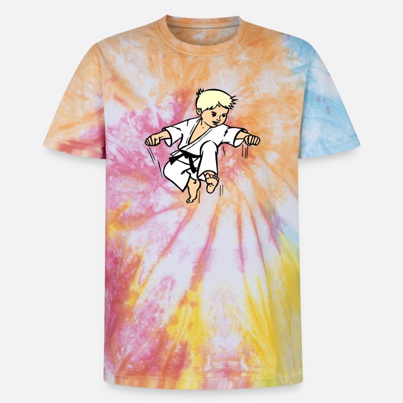 Karatekind oder Judokind mit schwarzem Gürtel - Unisex Premium Tie Dye T-Shirt - Regenbogen-Spirale