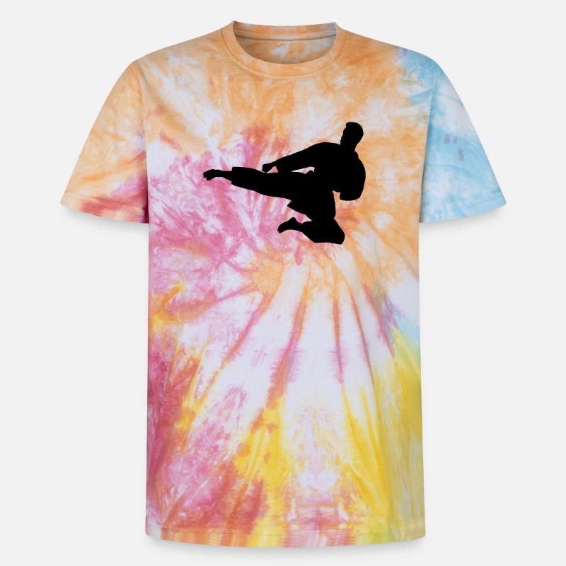 Karate oder Taekwondo sprangen seitwärts - Unisex Premium Tie Dye T-Shirt - Regenbogen-Spirale