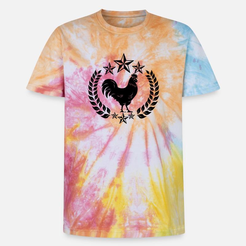 Schwarzer Hahn mit Lorbeerkranz - Unisex Premium Tie Dye T-Shirt - Regenbogen-Spirale