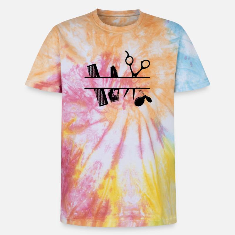 Bannière de texte d’attributs de coiffeurs - T-shirt tie-dye premium unisexe - arc-en-ciel spirale