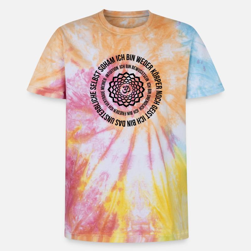 Kronenchakra Mantra SOHAM ich bin Frieden - Unisex Premium Tie Dye T-Shirt - Regenbogen-Spirale