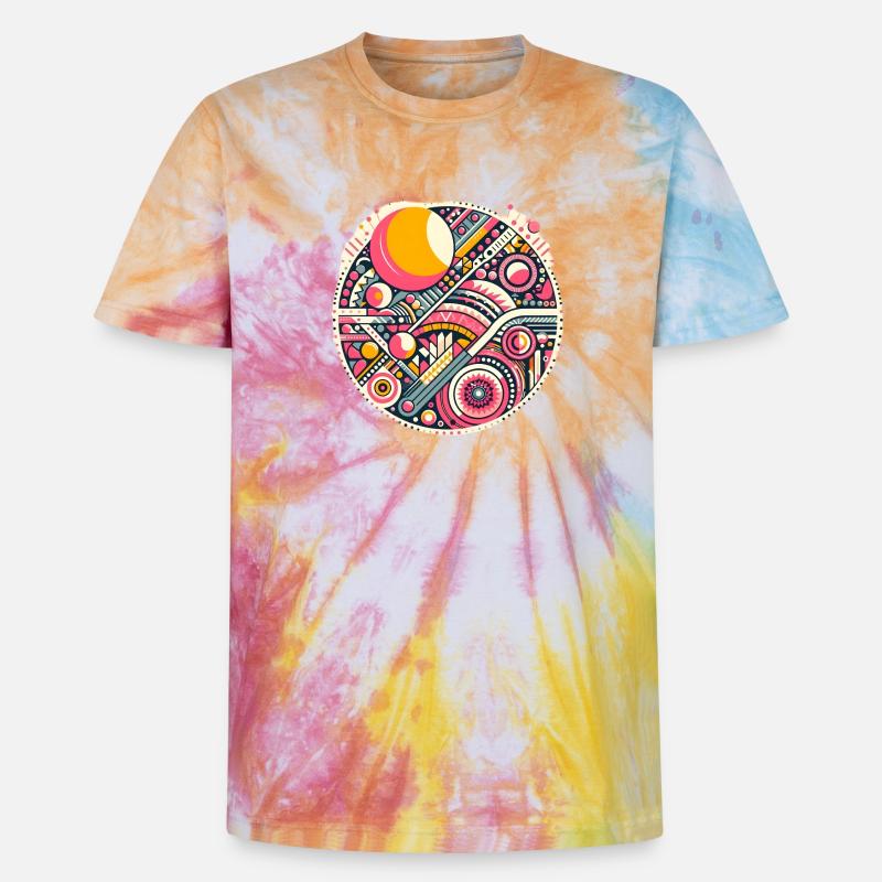 Neon Geometry — Orbit Bloom - Unisex Premium Tie Dye T-Shirt - Regenbogen-Spirale