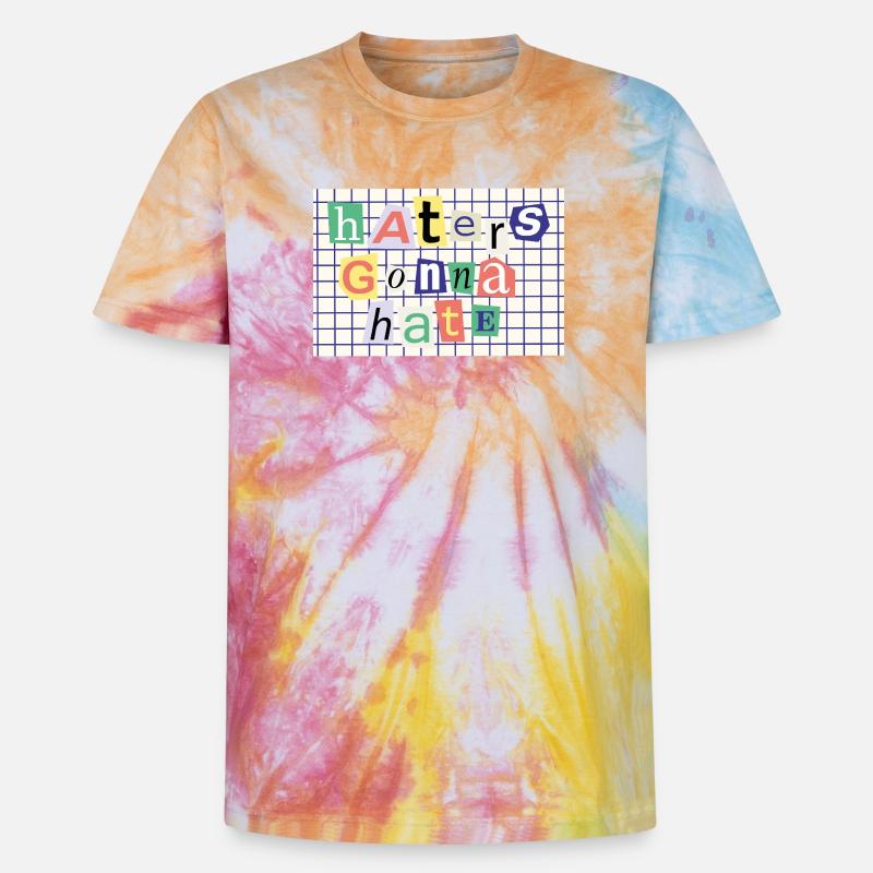 Haters Gonna Hate – Collage-Stil Statement - Unisex Premium Tie Dye T-Shirt - Regenbogen-Spirale