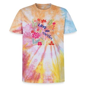 Love One Another - Unisex Premium Tie-Dye T-Shirt - Rainbow Spiral - Front - AI Model Female 172 light (172cm) & AI Model Male 178 light (178cm)