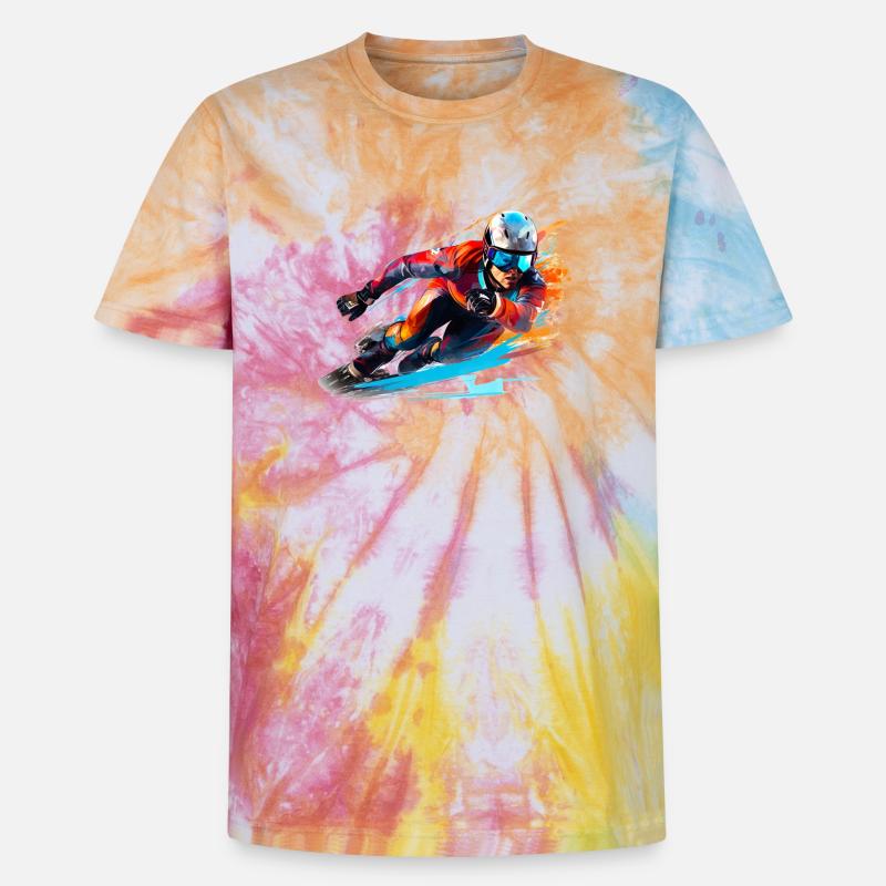 Fahrender Skirennfahrer mit Farbexplosion - Unisex Premium Tie Dye T-Shirt - Regenbogen-Spirale