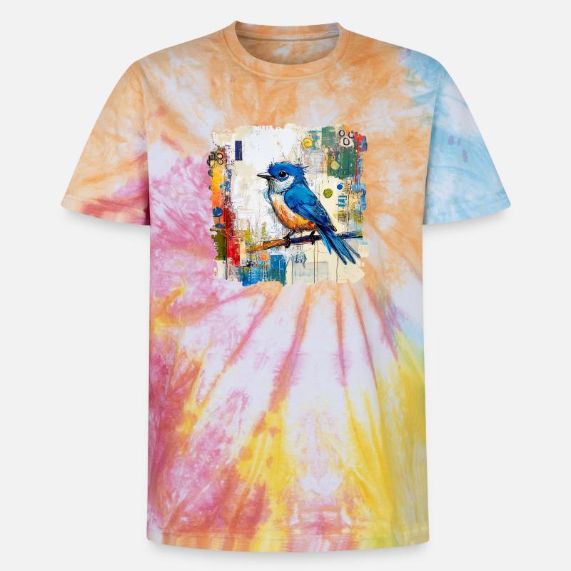 Blauer Vogel im abstrakten Farbmeer - Unisex Premium Tie Dye T-Shirt - Regenbogen-Spirale