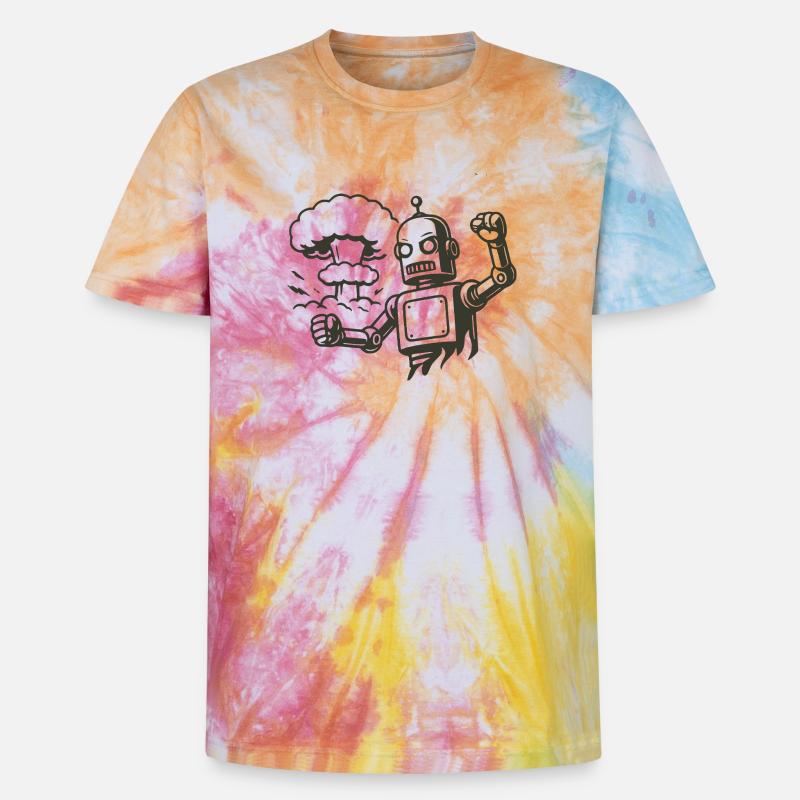 Robot rétro devant un nuage d’explosion - T-shirt tie-dye premium unisexe - arc-en-ciel spirale