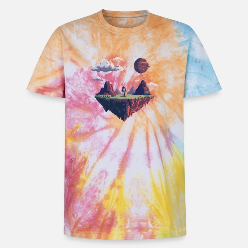8-Bit Pixel Astronaut auf Schwebender Insel - Unisex Premium Tie Dye T-Shirt - Regenbogen-Spirale