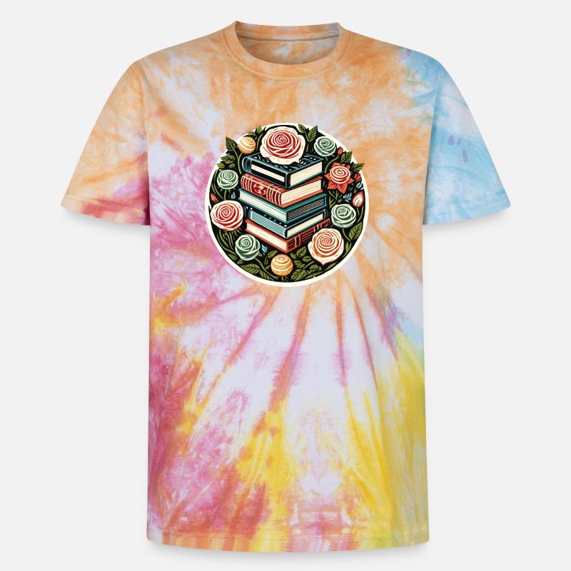 Floral Book Stack Emblem - Unisex Premium Tie-Dye T-Shirt - Rainbow Spiral