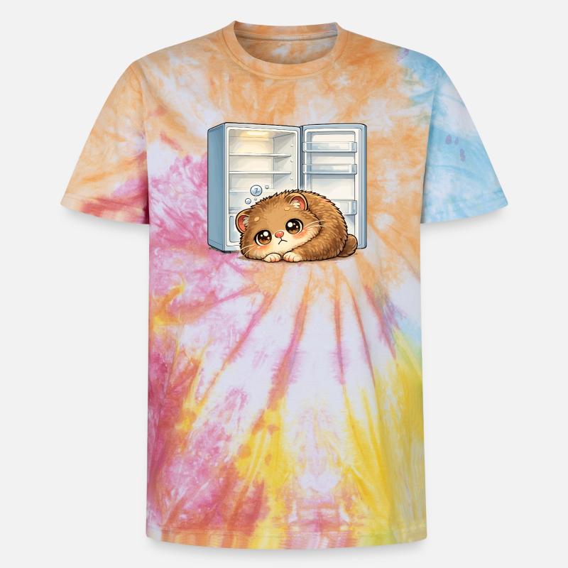 Petit chat devant un réfrigérateur ouvert - T-shirt tie-dye premium unisexe - arc-en-ciel spirale