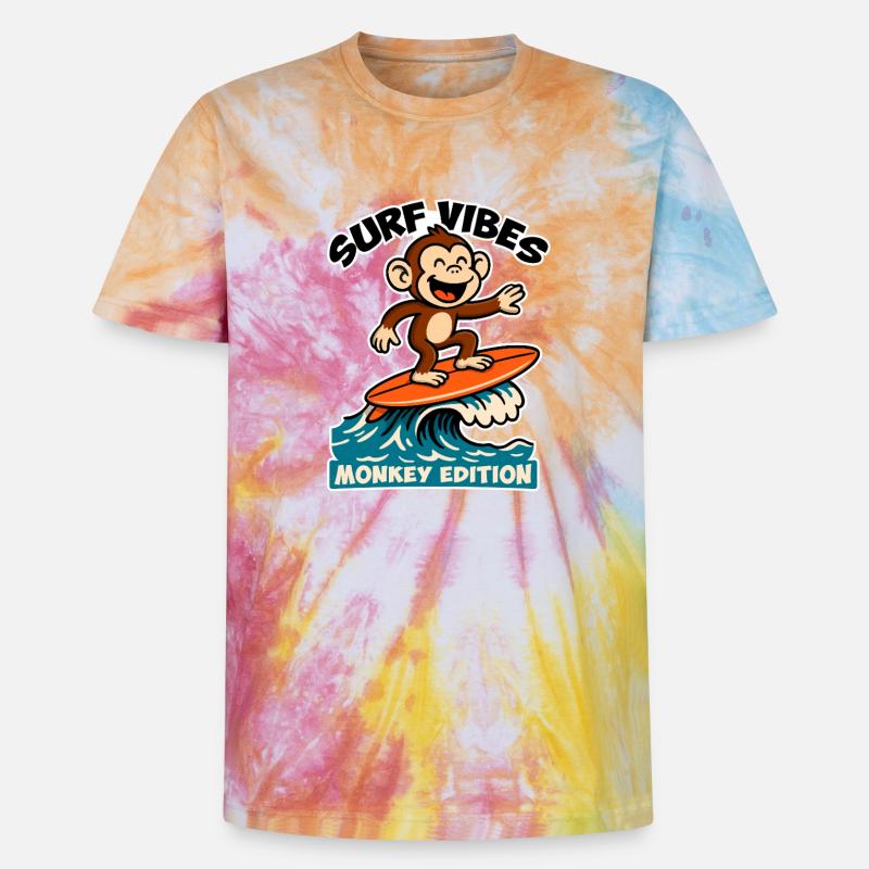 Surf Vibes, Monkey Edition. Glücklicher Surfaffe - Unisex Premium Tie Dye T-Shirt - Regenbogen-Spirale