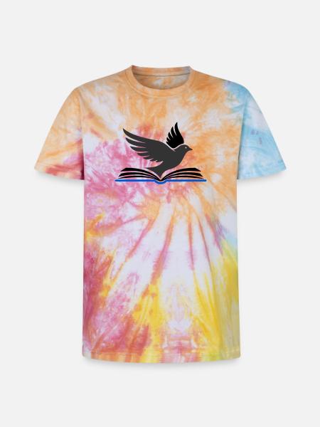 Bird flies out of book - Unisex Premium Tie-Dye T-Shirt - Rainbow Spiral