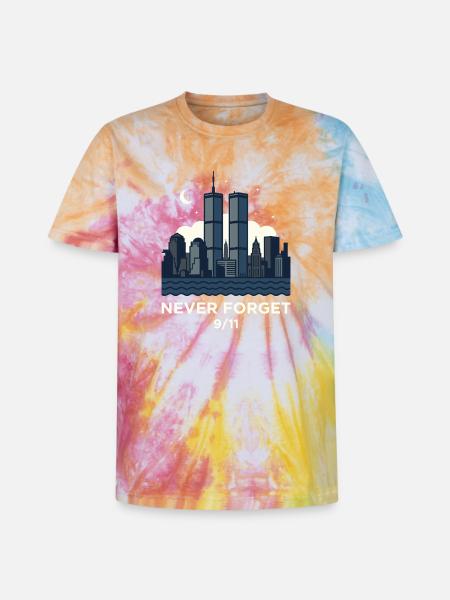 Never Forget 9/11 Skyline Night - Unisex Premium Tie-Dye T-Shirt - Rainbow Spiral
