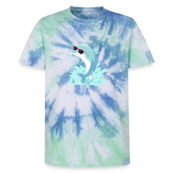 Delfin-Sommer-Pinkbrille - Unisex Premium Tie Dye T-Shirt - Spiralblau - Vorne - AI Model Female 172 light (172cm) & AI Model Male 178 light (178cm)