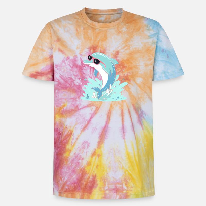 Dolphin Summer Pink Glasses - Unisex Premium Tie-Dye T-Shirt - Rainbow Spiral