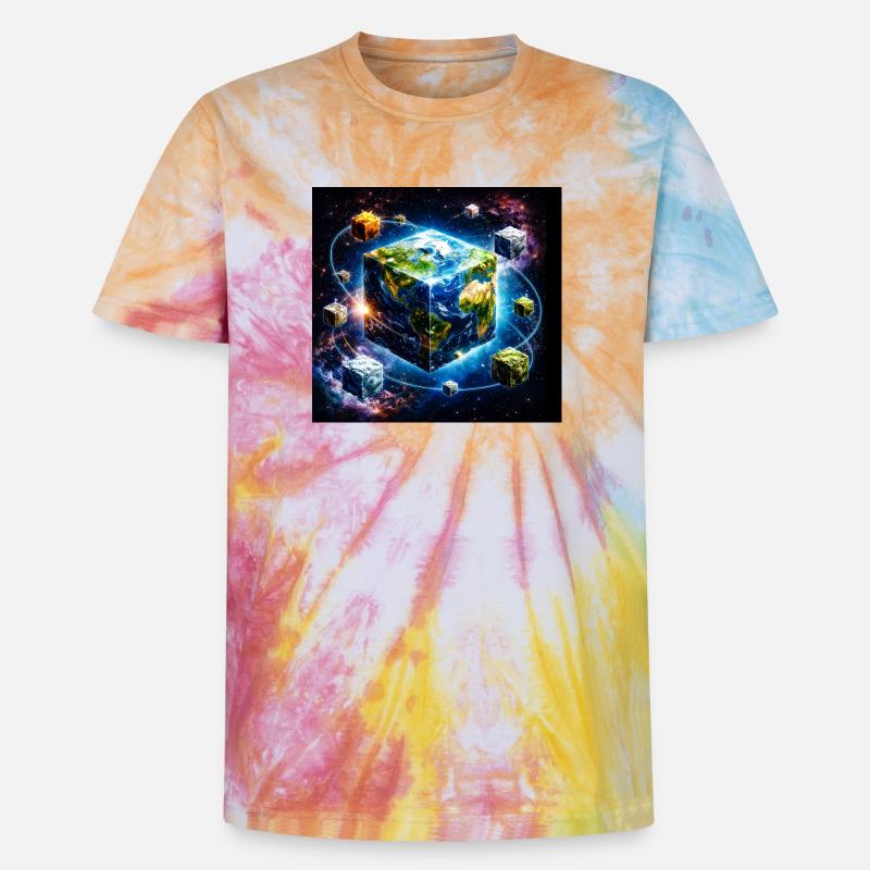 Cube terrestre dans l’espace - T-shirt tie-dye premium unisexe - arc-en-ciel spirale