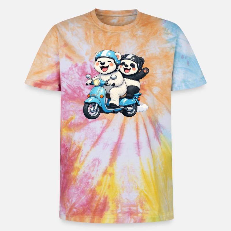Orso Polare e Panda su uno scooter - T-shirt tie-dye unisex Premium - spirale arcobaleno