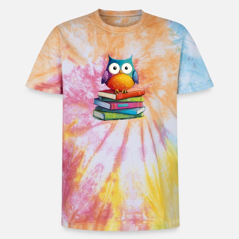 Bücherstapel Eule - Unisex Premium Tie Dye T-Shirt - Regenbogen-Spirale