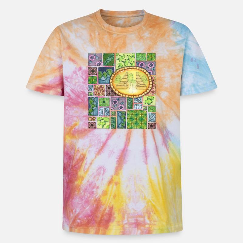 Bali temple on pattern patchwork - Unisex Premium Tie Dye T-Shirt - Regenbogen-Spirale