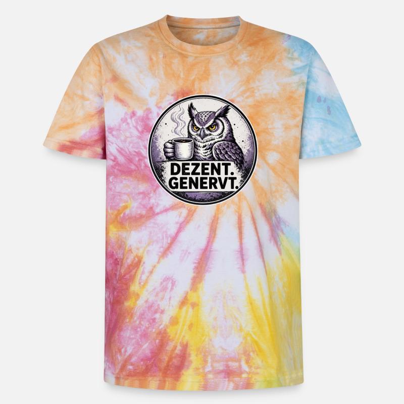 Dezent Genervt Eule mit Kaffee - Unisex Premium Tie Dye T-Shirt - Regenbogen-Spirale