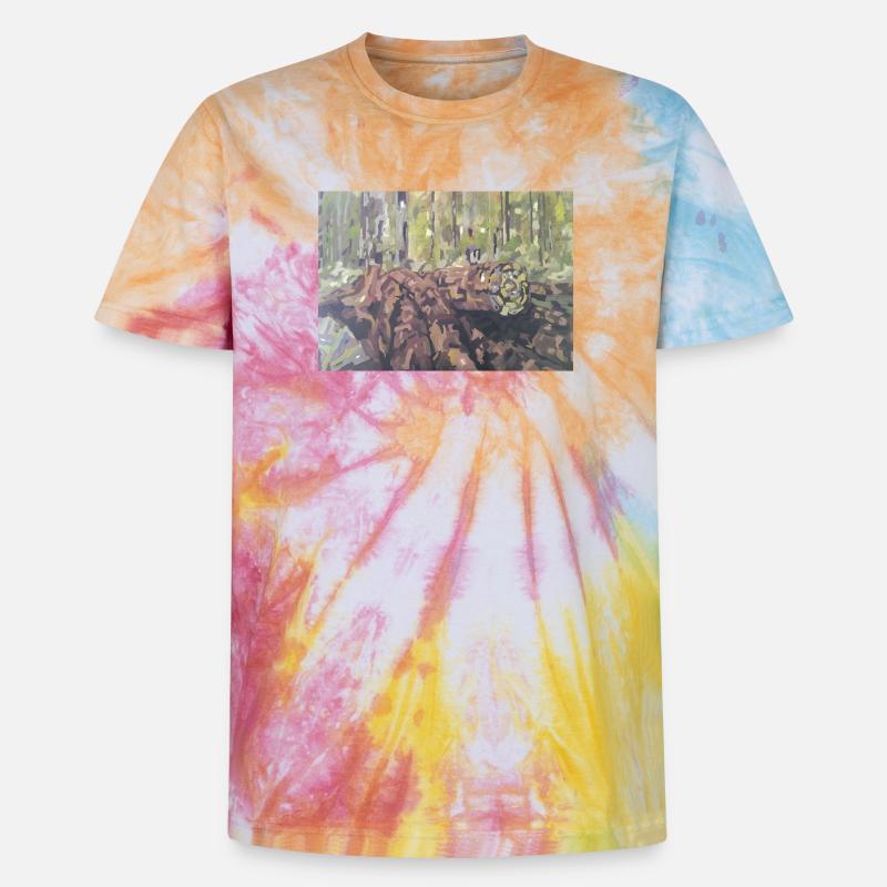 Baumstämme im Wald – eine impressionistische Landschaft - Unisex Premium Tie Dye T-Shirt - Regenbogen-Spirale
