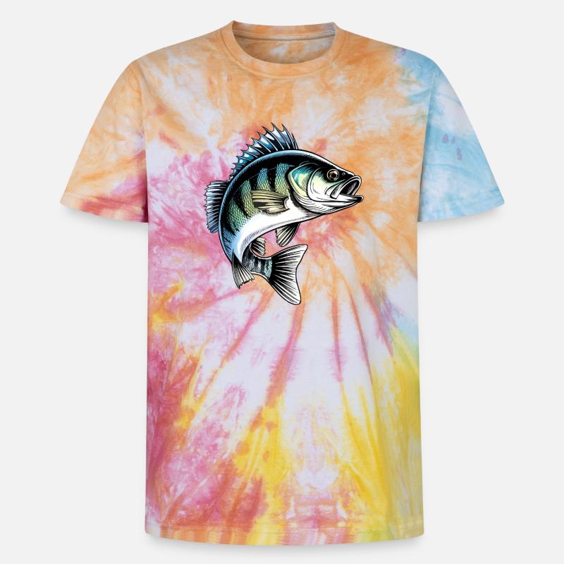 Jumping Perch Dynamic Fish Illustration - Unisex Premium Tie-Dye T-Shirt - Rainbow Spiral
