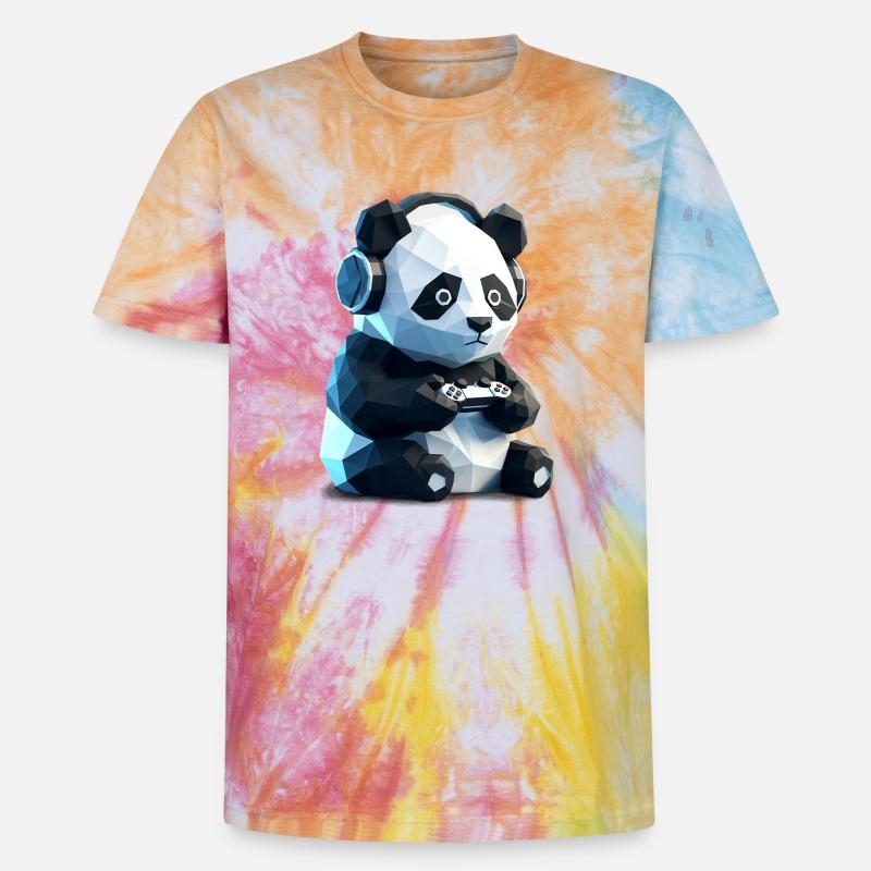 Gaming Panda mit Headset & Controller - Unisex Premium Tie Dye T-Shirt - Regenbogen-Spirale