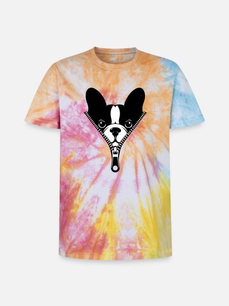 French Bulldog in a Zipper - Unisex Premium Tie-Dye T-Shirt - Rainbow Spiral