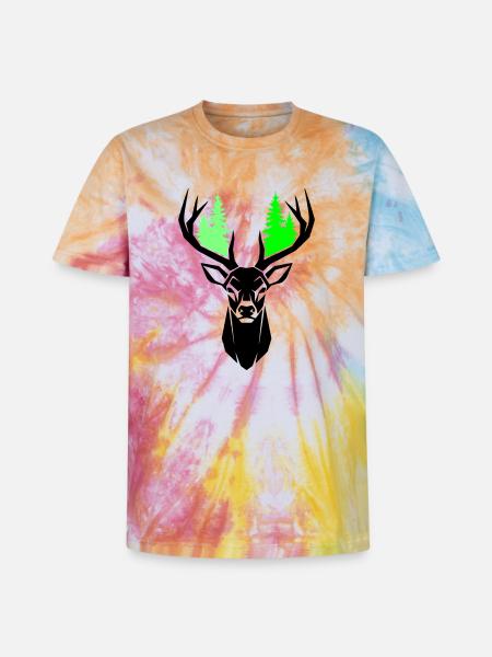 Deer Head Fir Trees Natural Green - Unisex Premium Tie-Dye T-Shirt - Rainbow Spiral