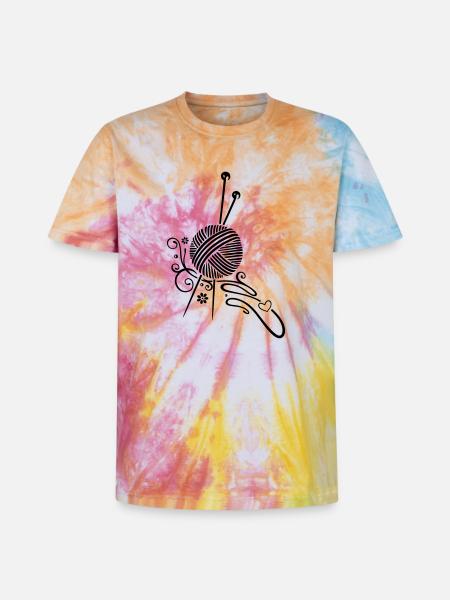 Knitting needles with wool and flowers. - Unisex Premium Tie-Dye T-Shirt - Rainbow Spiral