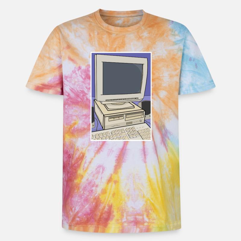 Retro Computer Desktop Setup - Unisex Premium Tie-Dye T-Shirt - Rainbow Spiral