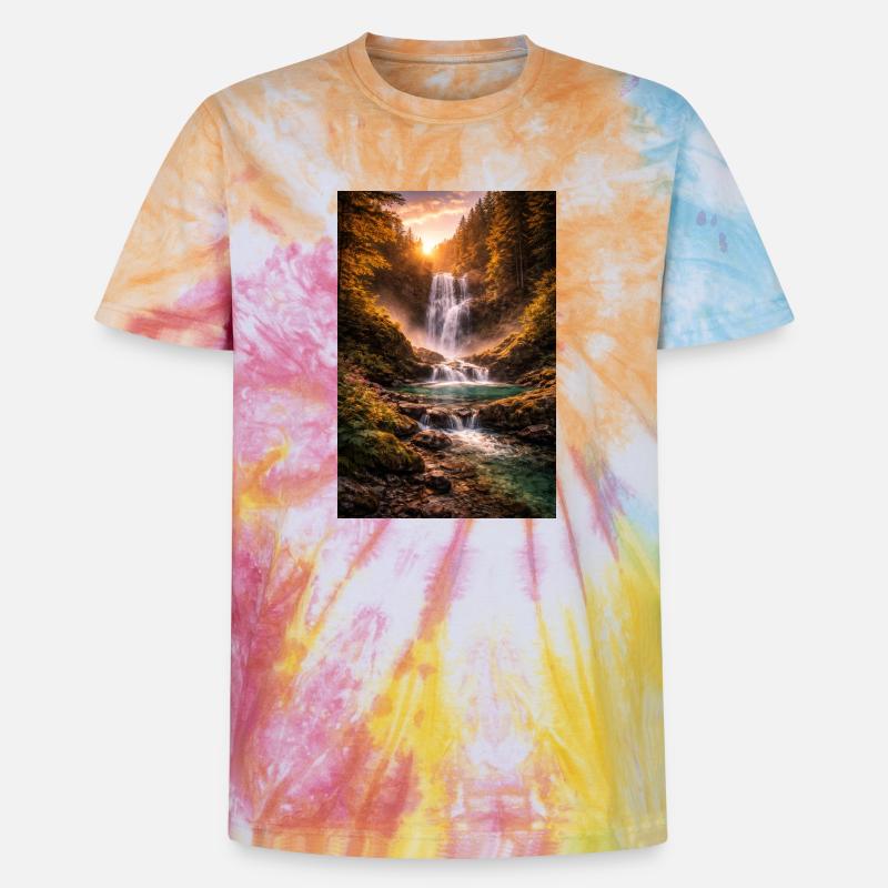 Wasserfall in der Abendsonne - Unisex Premium Tie Dye T-Shirt - Regenbogen-Spirale