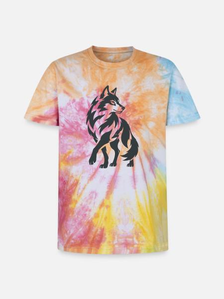 Geometrischer Wolf – Silhouette - Unisex Premium Tie Dye T-Shirt - Regenbogen-Spirale