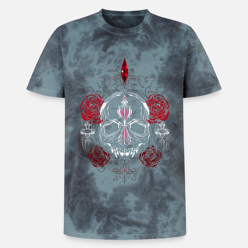 Skull with Red Roses Gothic Ästhetik - Unisex Premium Tie Dye T-Shirt - Schwarz/Blau