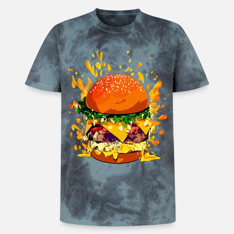 Extravaganter Cheeseburger mit Käse Splatter - Unisex Premium Tie Dye T-Shirt - Schwarz/Blau