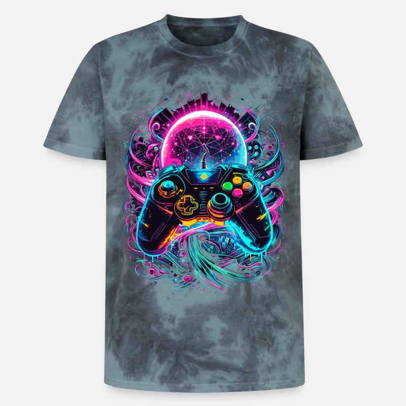 Synthwave Cyberpunk Gaming Controller - Unisex Premium Tie Dye T-Shirt - Schwarz/Blau