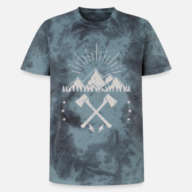 Rugged Mountain Sunrise Axe Emblem - Unisex Premium Tie-Dye T-Shirt - Black/Blue
