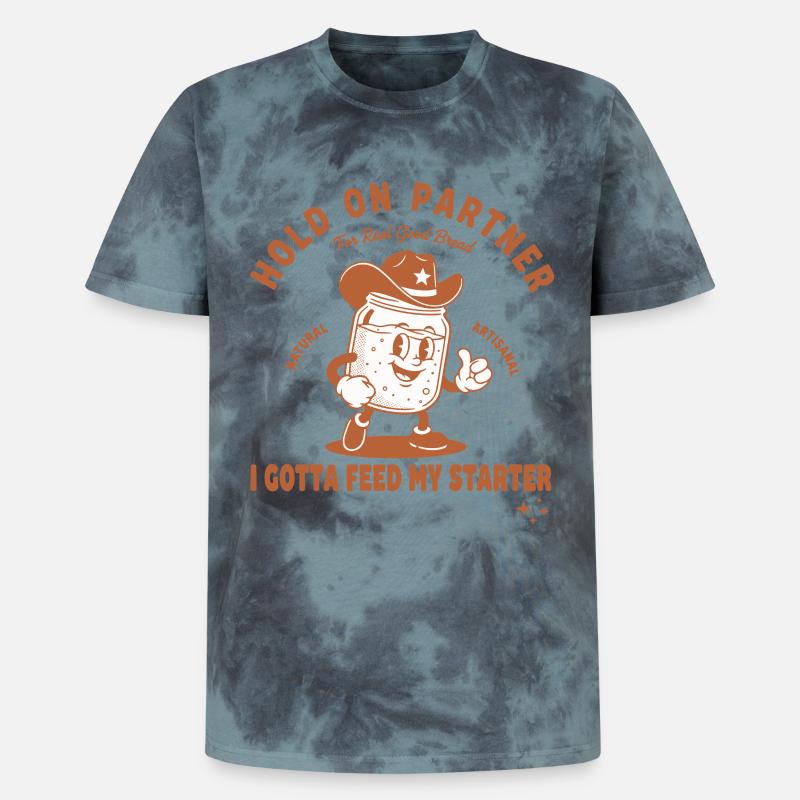 Tenedolo, aspetta un attimo, partner, devo dare da mangiare al mio lievito - T-shirt tie-dye unisex Premium - nero/blu